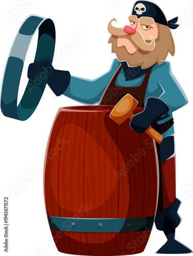 Brave pirate corsair cartoon character. Bearded pirate in skull bandana and black gloves, crafting wooden rum barrel with hammer. Cartoon vector character for pirate party, or adventure mascots