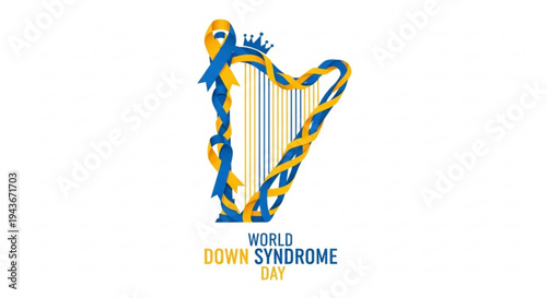 World down syndrome day awareness ribbon harp symbol with blue and yellow colors on white background