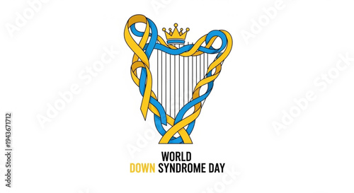 World down syndrome day awareness ribbon harp symbol with blue and yellow colors and crown on white background