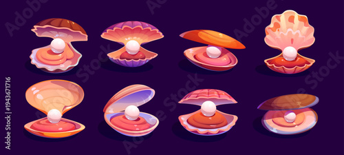 Cartoon pearl sea shell, underwater oyster and scallop seashells with treasure inside. Vector open shells of salt water mollusks and freshwater shellfish with pearls. Oyster, scallop or clam seashells