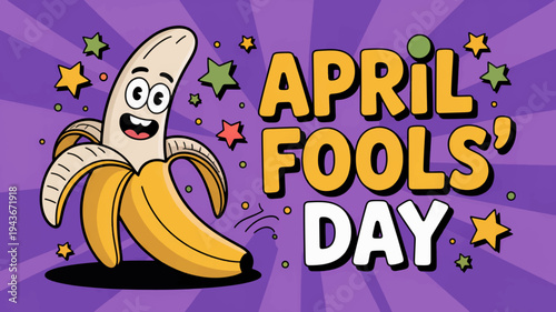 Cartoon banana with smiling face celebrates april fools' day on purple background with colorful stars