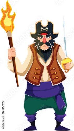 Cartoon stern pirate character with burning torch and sharp saber. Corsair has a thick black mustache, brown vest and purple sash. Vector danger menacing boatswain seaman, bearded filibuster personage