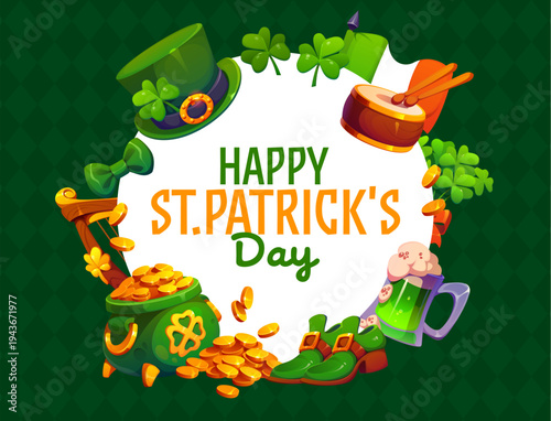 Happy St Patrick's day greeting card. Irish folk holiday vector flyer or greeting card. Saint Patrick day poster with leprechaun hat, shoes and pot of gold, green beer or ale, drum, shamrock leaves