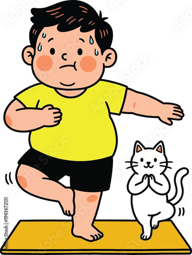 A chubby boy and his cat practicing yoga tree pose together