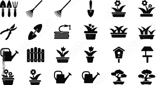 Large collection of gardening tool silhouettes and plant icons featuring watering cans shovels rakes birdhouses and potted flowers isolated on a white background vector