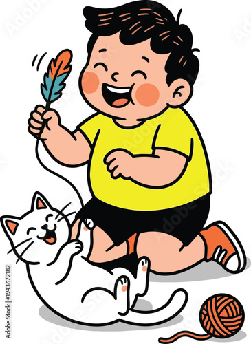 Cute Cartoon Illustration of a Happy Boy Playing With a White Kitten