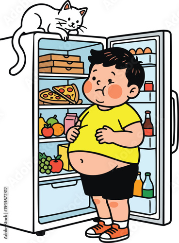 Hungry Overweight Boy Looking Inside Open Refrigerator Full Of Food