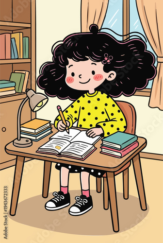 Cute Young Student Writing in Notebook at Desk with Desk Lamp