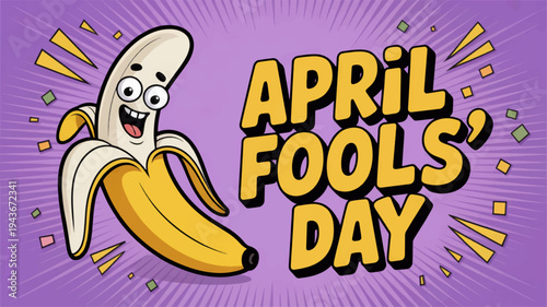 Cartoon banana with smiling face on april fools' day purple background with yellow text
