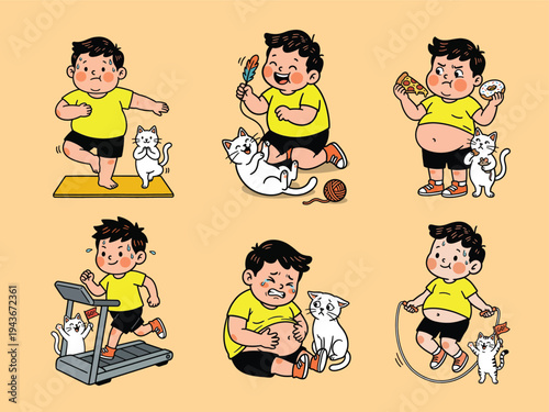 Set of illustrations showing a chubby boy and cat on fitness journey