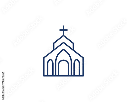 Church Building Logo with Cross Simple Line Art Isolated on White Background