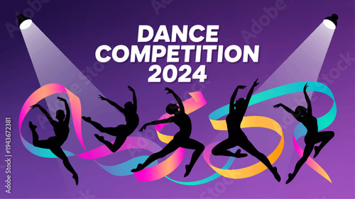 Silhouette dancers perform under spotlights at dance competition 2024 with colorful ribbons