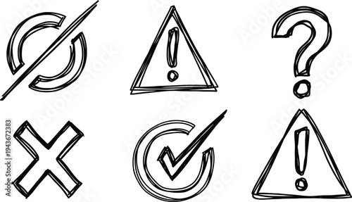 Set of 6 hand-drawn warning icons vector