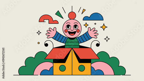 Happy cartoon character with outstretched arms standing behind a colorful house with green bushes and symbols around smiling
