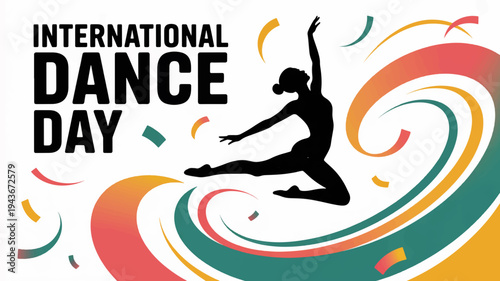 Silhouette of dancer jumping in colorful swirling patterns celebrating international dance day