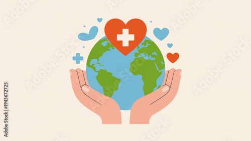 Hands holding a green and blue earth with a red heart and medical cross surrounded by hearts and crosses on a beige background symbolizing global care