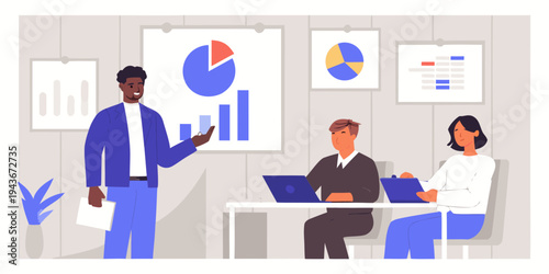 Business presentation with charts and data analysis in a modern office setting