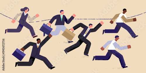 Business professionals race towards a finish line symbolizing competition and success