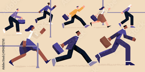 Diverse group of professionals urgently rushing forward in a minimalist style