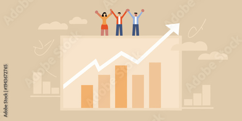 Three people celebrate success atop a rising graph with financial growth