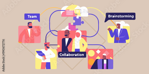 Diverse team collaborating and brainstorming ideas with connected thought bubbles