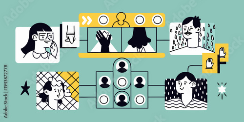 Remote collaboration and virtual meetings depicted with stylized illustrations