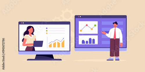 Virtual meeting displaying data analysis and business growth charts