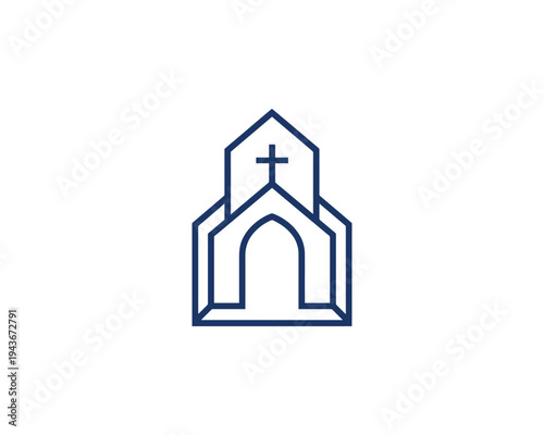 Modern Church Building Logo with Cross and Archway Minimalist Line Art Style