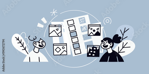 Woman and cat interacting with floating phone screens and social media