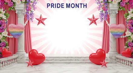 Pride Month Background with Hearts, Stars, Rainbow Balloons - LGBTQ+ Celebration