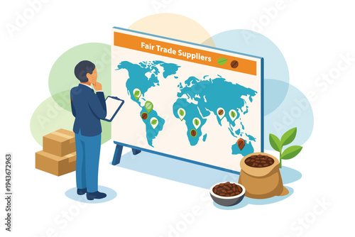 Businessman analyzing fair trade suppliers map on screen.