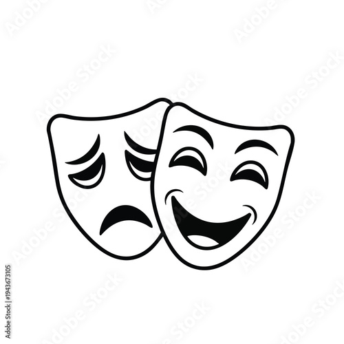 A stark black and white illustration depicts two theatrical masks, one smiling and one weeping, side by side
