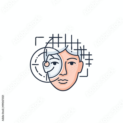 Stylized icon of a human face with facial recognition grid and target overlay