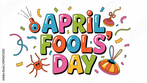 Colorful april fools' day celebration graphic with confetti and party elements on white background