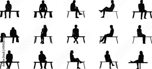 Bench sitting people silhouette illustration, sixteen black figures different postures seated positions lifestyle concept, cad drawing flat vector illustration design