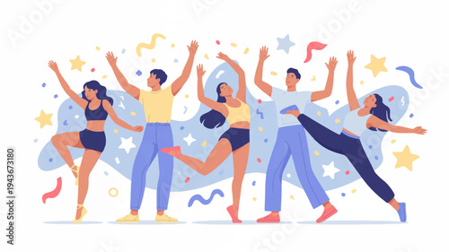 Diverse group of friends celebrating with arms raised in joyful revelry at a festive party