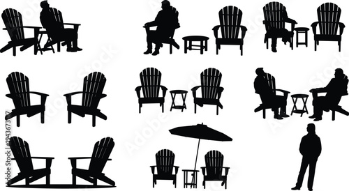 Adirondack chair silhouette outdoor seating illustration, twelve arrangements with tables and people lifestyle concept, cad drawing flat vector illustration design