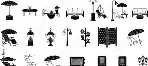 Large collection of patio furniture black silhouettes and garden decor icons featuring outdoor umbrellas sofas lanterns fire pits and terrace accessories on white