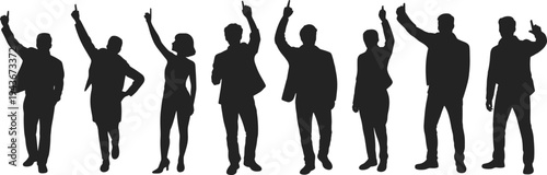 Business people pointing upward silhouette, teamwork leadership illustration, corporate motivation vector art, professional unity design scene, cad drawing flat vector illustration