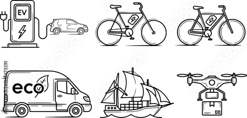 Minimalist clean energy transport icon set, EV logistics and eco shipping vector, "Created with AI assistance and manually refined."