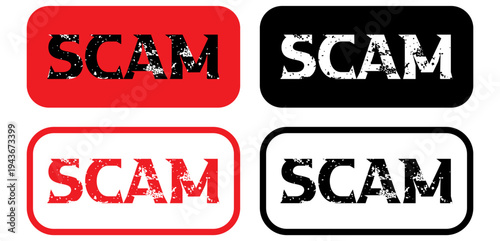 Red Scam Alert Fabricated Counterfeit Fake Rubber Stamp Grunge Texture Label Badge. vector illustration.
