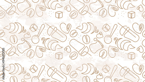 Coffee Seamless Pattern. Sketch for Food Shop, Menu, Bakery Cafe. Coffee Beans with Grunge Effect Brown and Beige Colors. Vector Art Border Background.