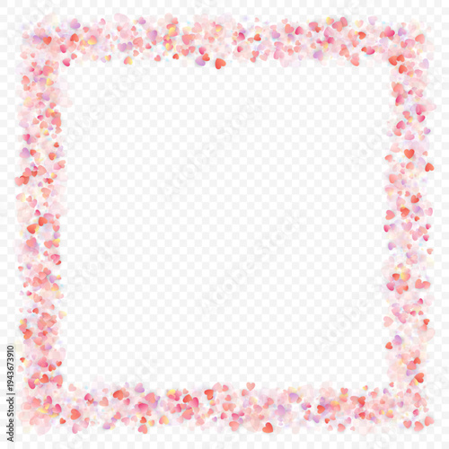 Heart love vector background. Valentine frame. Pink hearts confetti. Scattered love symbols. Random falling heart shape on transparent background. Beautiful Invitation, Greeting Card Illustration.