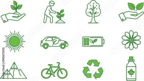 Eco, friendly, environment, green, energy, recycling, nature, sustainability, renewable, plant, tree, bicycle, electric, car, battery, sun, ecology, conservation, icons, set