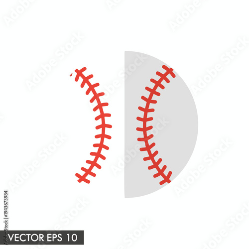 A minimalist graphic of a baseball with red stitching on white and grey