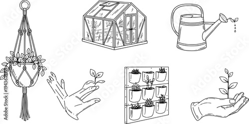 Minimalist urban gardening and plant care icon set, balcony garden vector, "Created with AI assistance and manually refined."