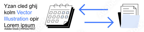 File sharing, task management, digital planning, data exchange, productivity, workflow tools. Calendar and files with double arrows linking them. File sharing and task management concept