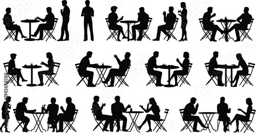 People sitting at café tables silhouette, social interaction illustration, casual dining vector art, conversation design scene, cad drawing flat vector illustration
