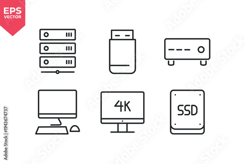 Set of line icons related to flash drive, smart TV, desktop PC, computer, projector, server. Editable stroke. Vector illustration