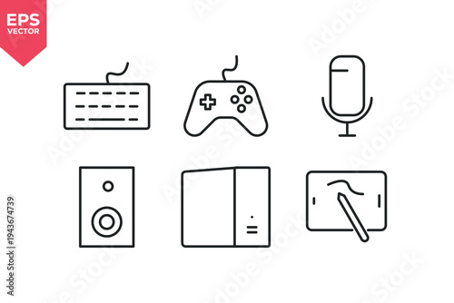 Set of line icons related to keyboard, game console, microphone, speaker, pen tablet, CPU. Editable stroke. Vector illustration